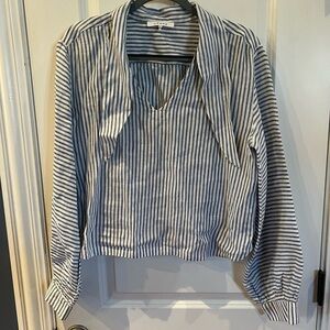 Frame Linen Tie Neck Striped Blouse, Blue and White M